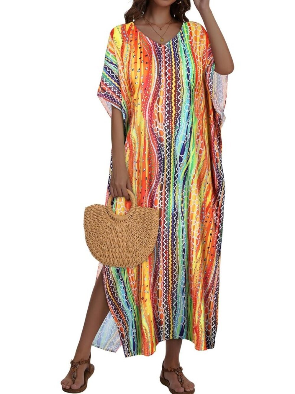 〽️Women's Colorful Stripes Plus Size V Neck Caftan Long Batwing Sleeve Cover Up